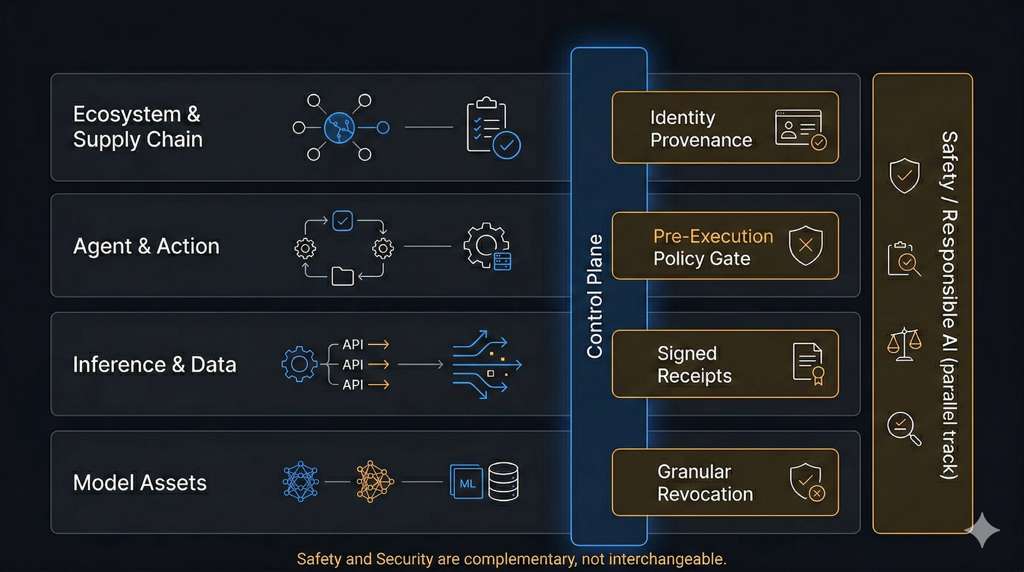 The AI Security Stack: four layers plus control plane and parallel safety track